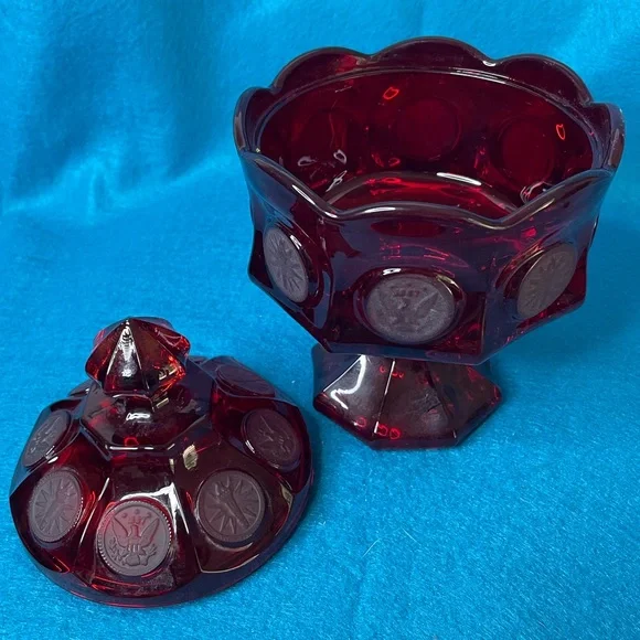 Vintage Fostoria Ruby Red Glass Coin Covered Wedding Bowl/Candy Dish w/Lid. - Picture 4 of 13